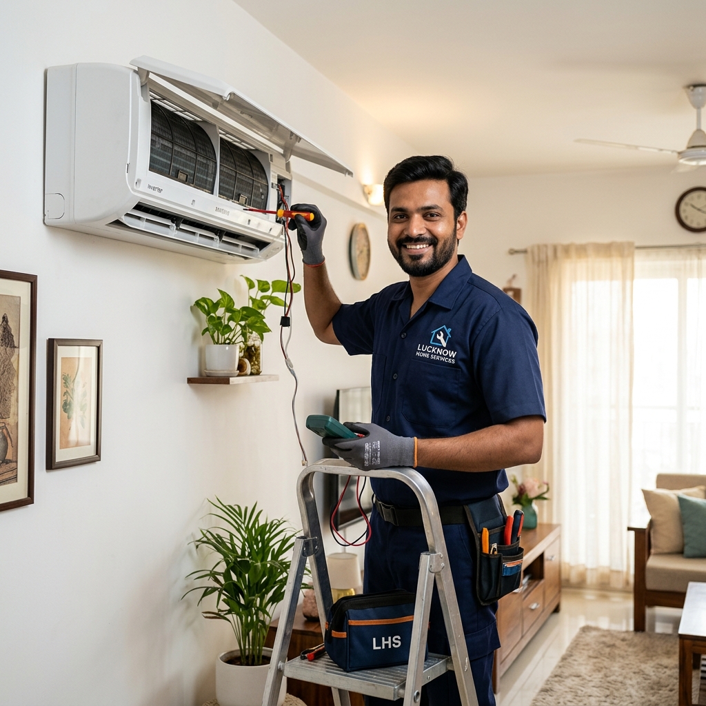 Professional AC technician servicing air conditioner in Lucknow